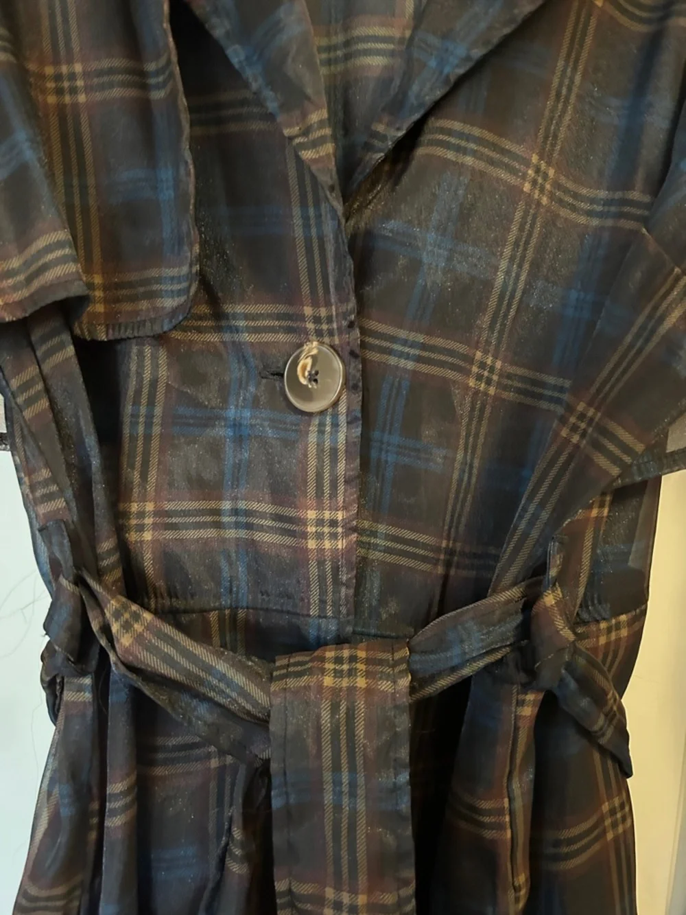 Plaid Long Trench Coat with Self-Tie Waist - Brown & Blue